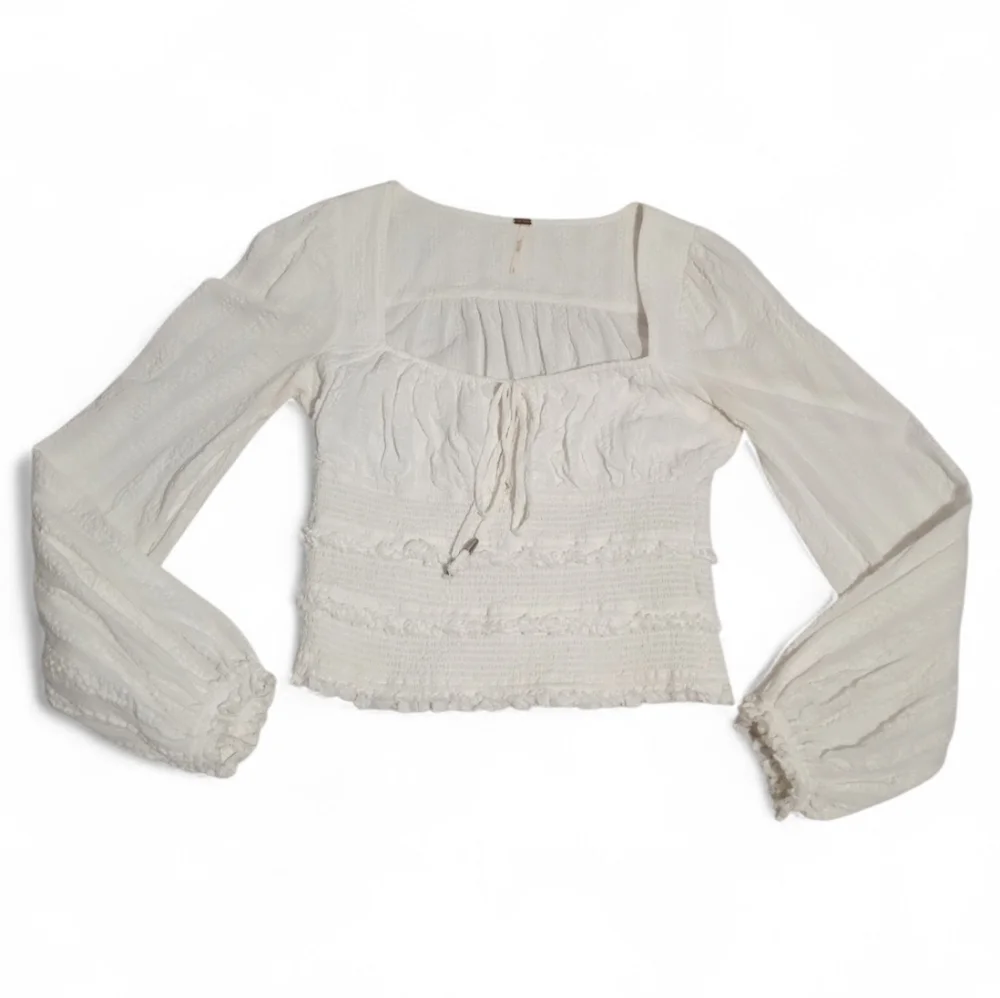 Free People White Smocked Tie Front Keyhole Crop Top Boho Peasant Blouse Sz S/P